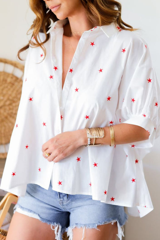 White Little Stars Printed Loose Half Sleeve Loose Shirt-Tops/Blouses & Shirts-[Adult]-[Female]-White-S-2022 Online Blue Zone Planet