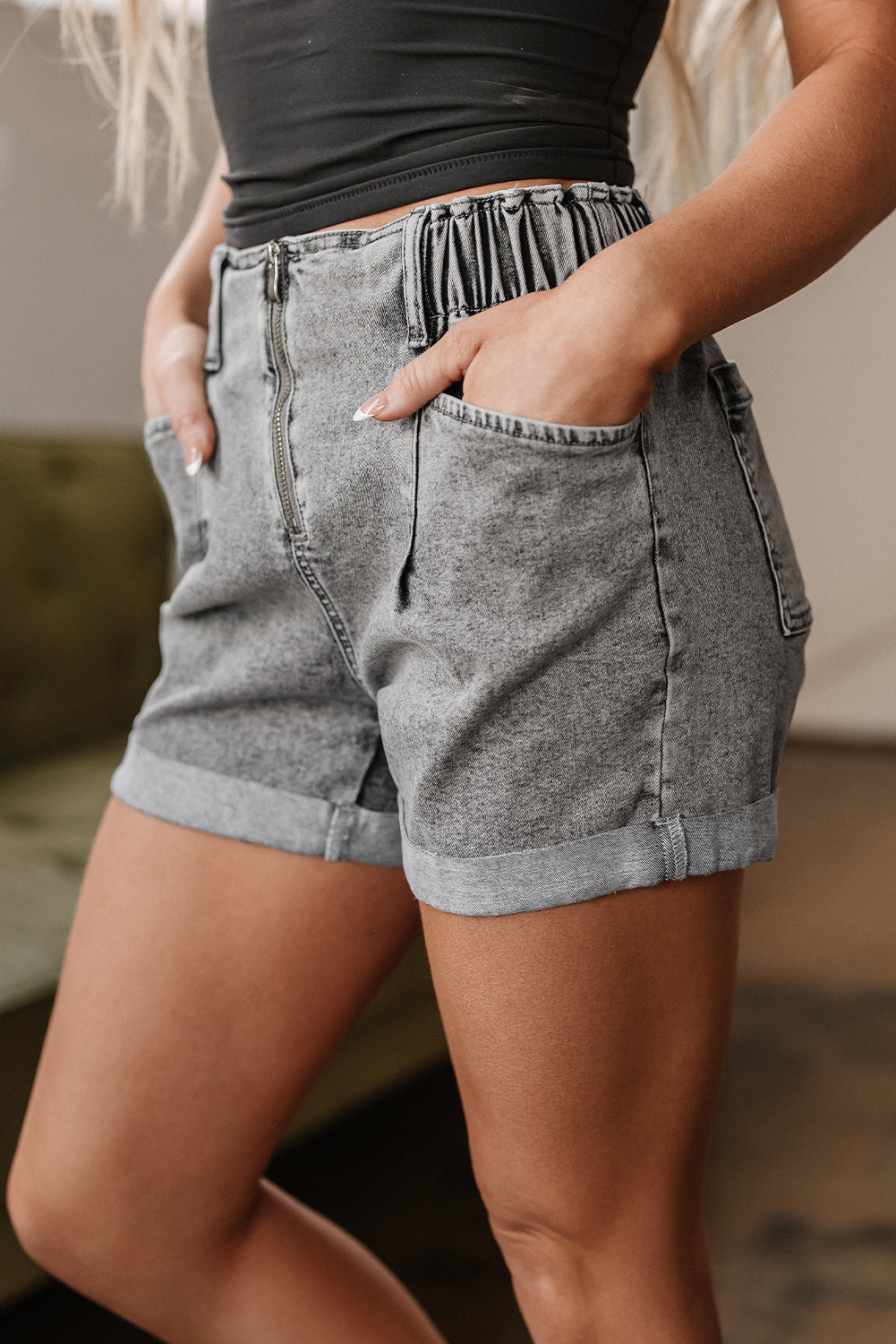Gray Zipped Light Wash Cuffed Edge Denim Shorts-Bottoms/Denim Shorts-[Adult]-[Female]-2022 Online Blue Zone Planet