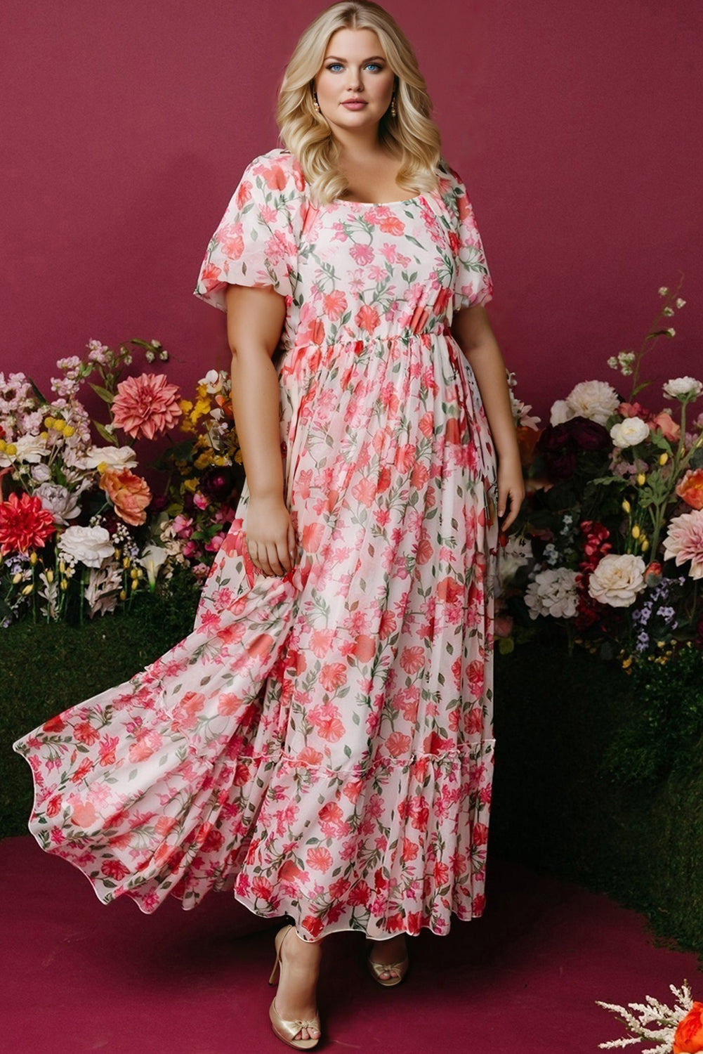 Pink Plus Size Floral Square Neck Puff Sleeve Ruffle Maxi Dress-Plus Size/Plus Size Dresses-[Adult]-[Female]-2022 Online Blue Zone Planet