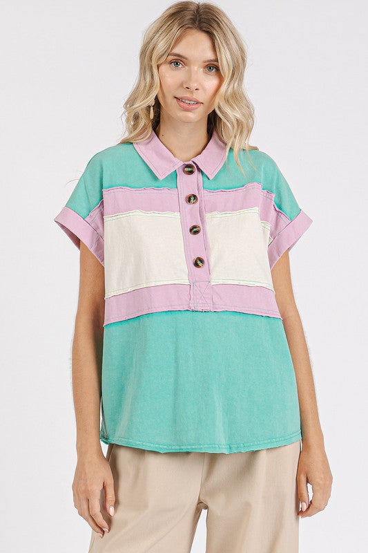 Mittoshop Color Block Henley Short Sleeve Polo Shirt-TOPS / DRESSES-[Adult]-[Female]-Seafoam-S-2022 Online Blue Zone Planet