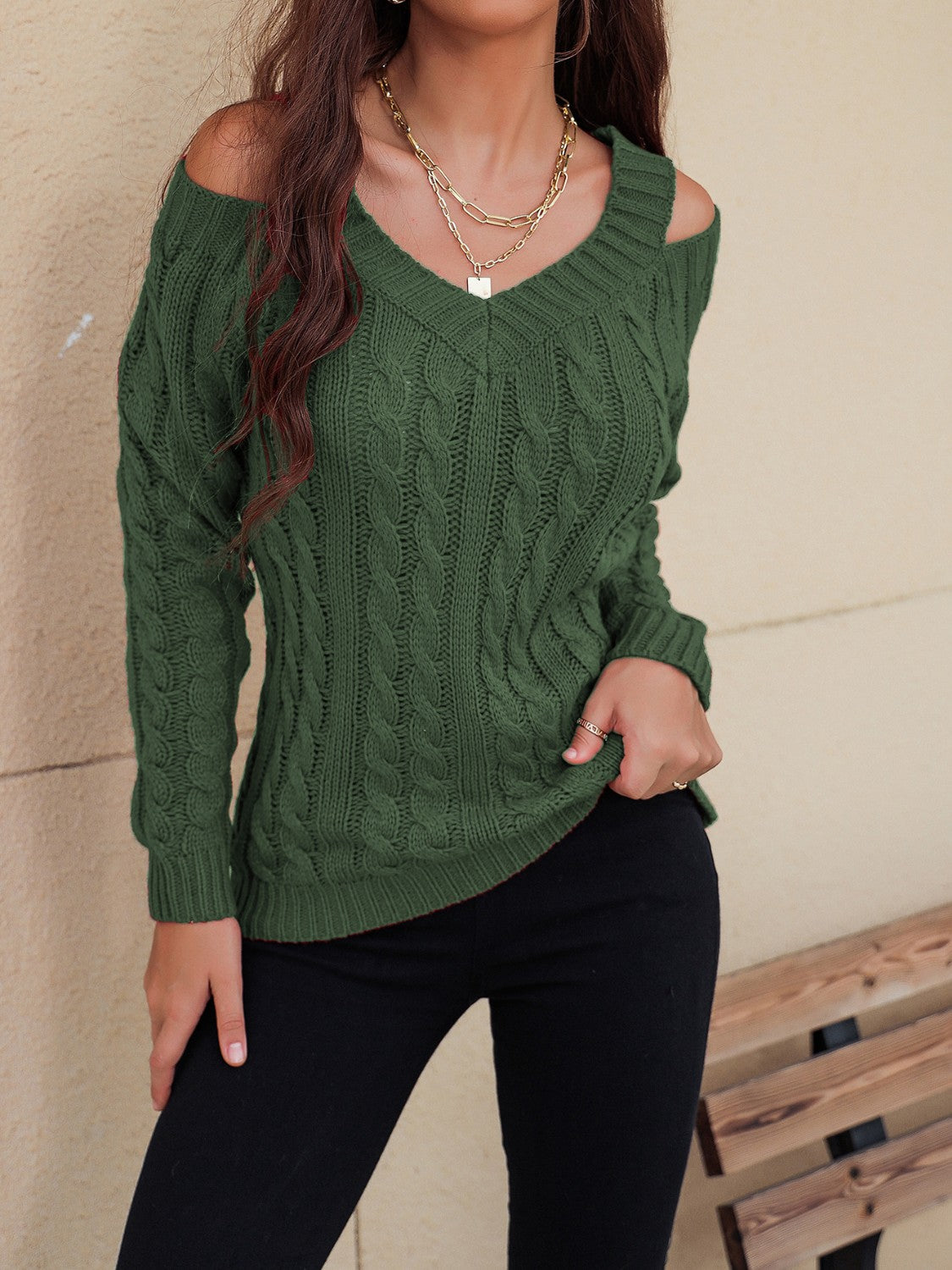 Honey Cable-Knit V-Neck Cold Shoulder Sweater-TOPS / DRESSES-[Adult]-[Female]-2022 Online Blue Zone Planet