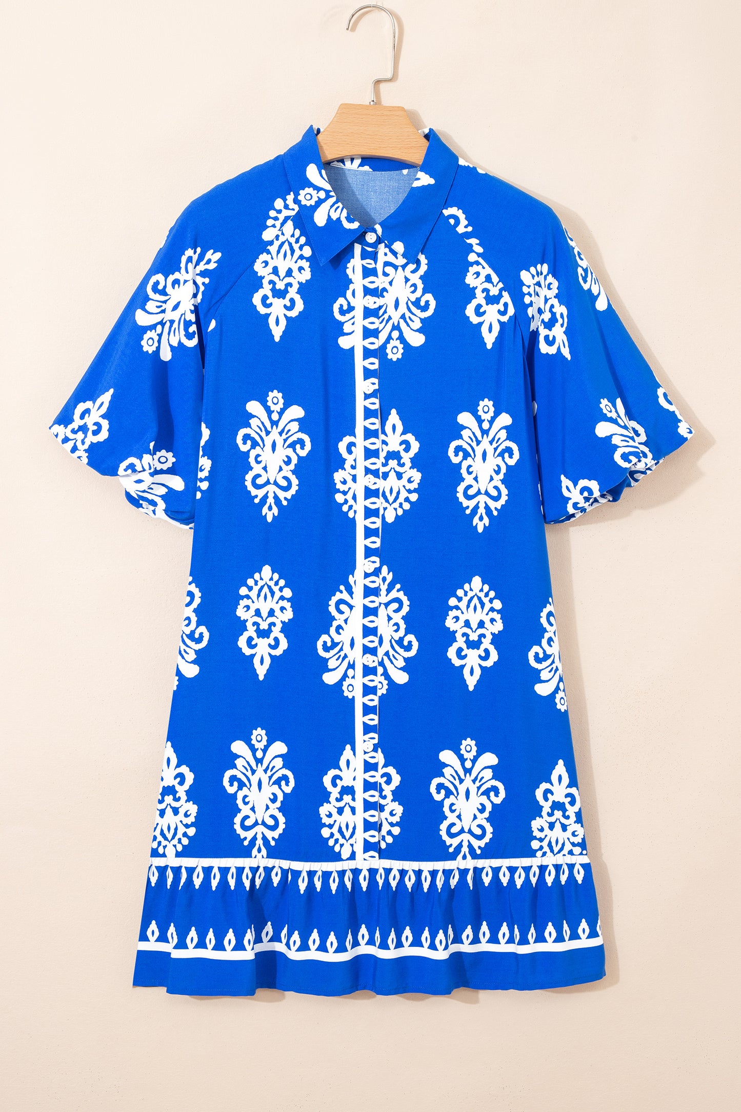 Blue Ethnic Geometric Print Collared Button Front Short Puff Sleeve Mini Dress-TOPS / DRESSES-[Adult]-[Female]-2022 Online Blue Zone Planet