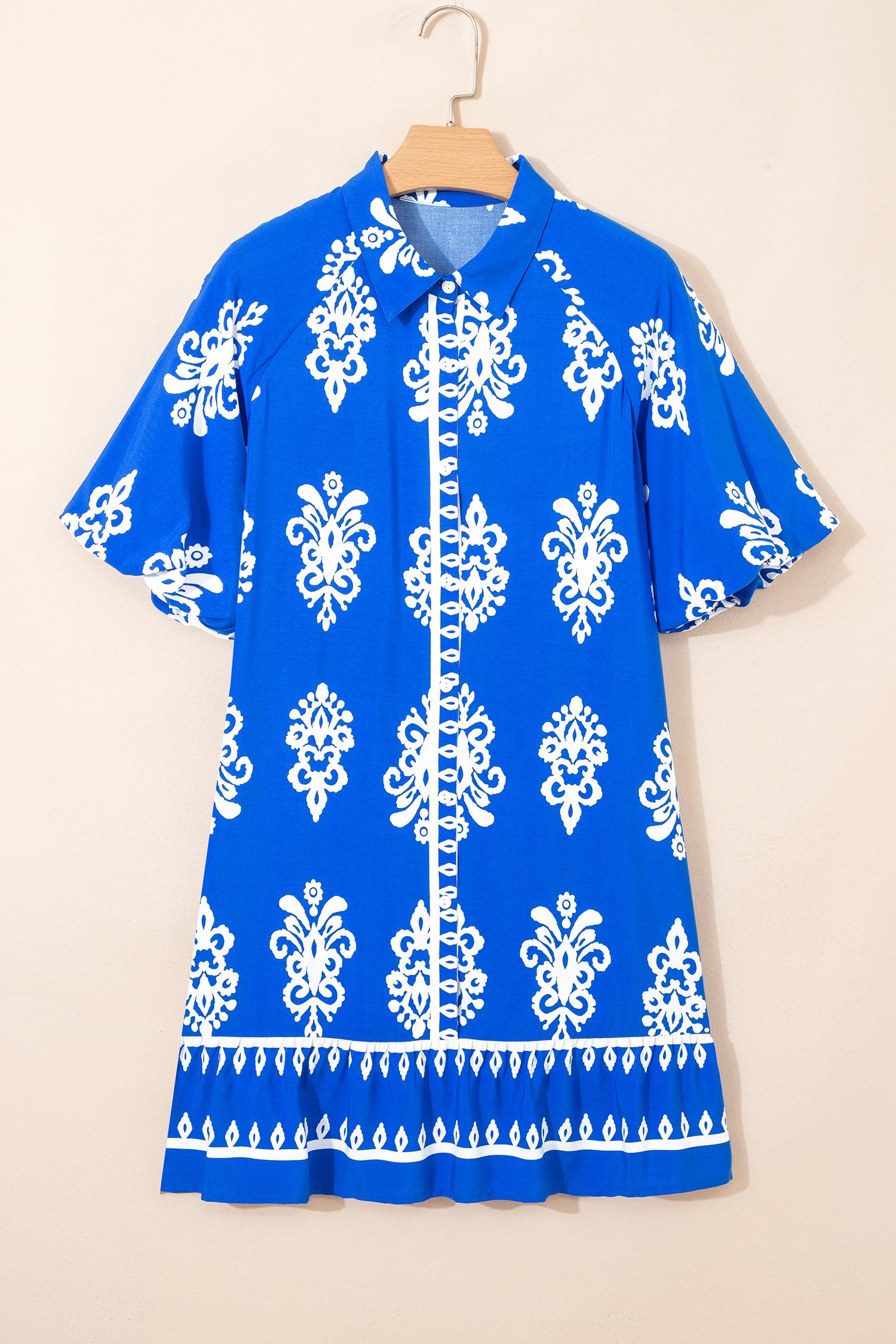 Blue Ethnic Geometric Print Collared Button Front Short Puff Sleeve Mini Dress-TOPS / DRESSES-[Adult]-[Female]-2022 Online Blue Zone Planet