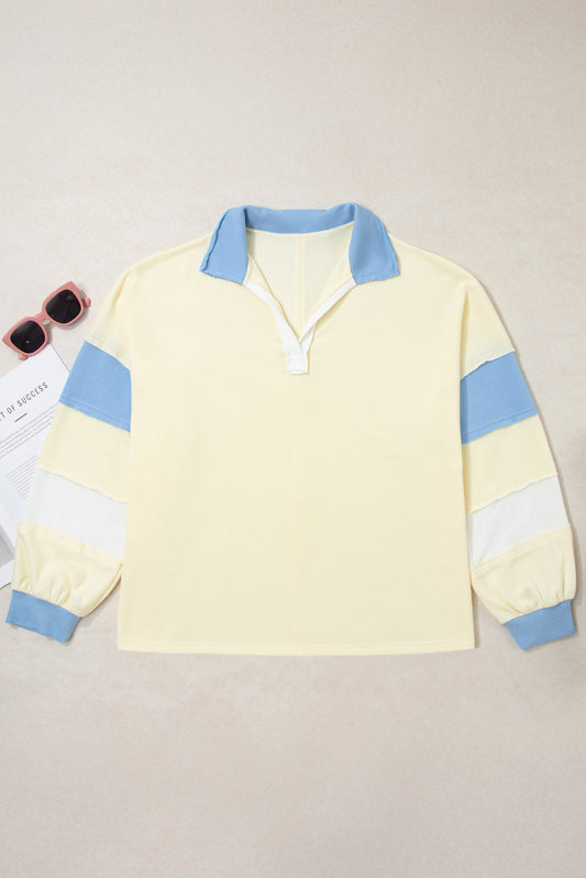 Yellow Cream Raw Seam Color Block Patchwork Plus Size V Neck Pullover-Plus Size/Plus Size Tops/Plus Size Long Sleeve Tops-[Adult]-[Female]-2022 Online Blue Zone Planet