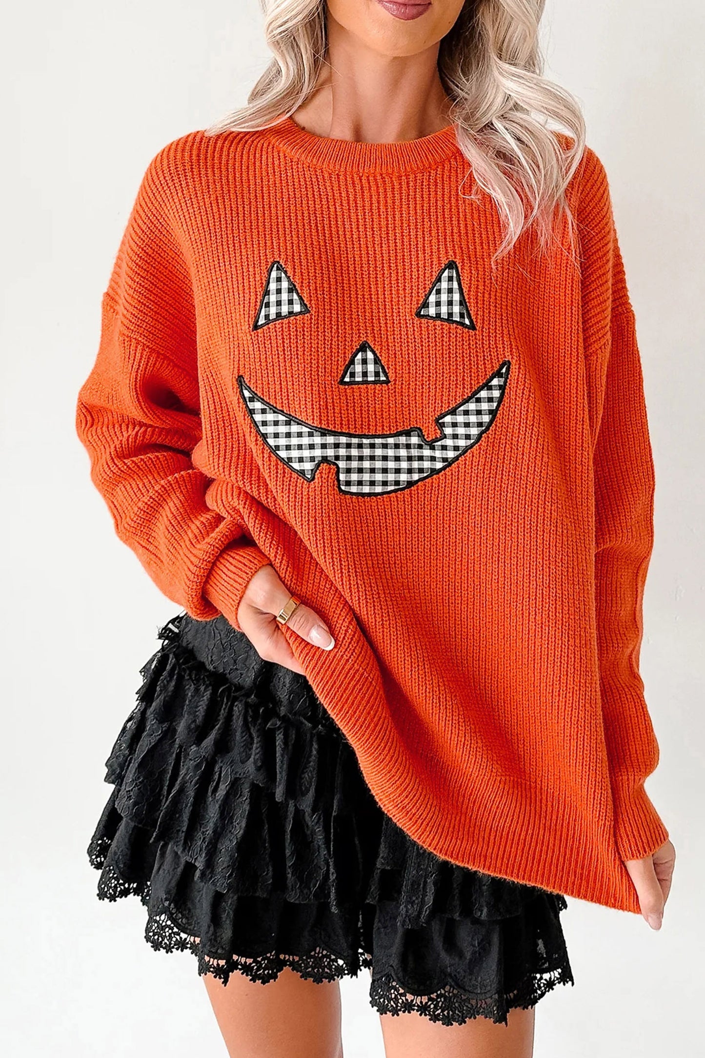 Orange Drop Shoulder Long Sleeve Round Neck Halloween Sweater-Sweaters & Cardigans/Sweaters-[Adult]-[Female]-2022 Online Blue Zone Planet