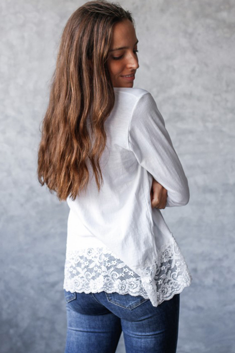 White Lace Trim V Neck Cuffed Long Sleeve Loose Top-Tops/Long Sleeve Tops-[Adult]-[Female]-2022 Online Blue Zone Planet