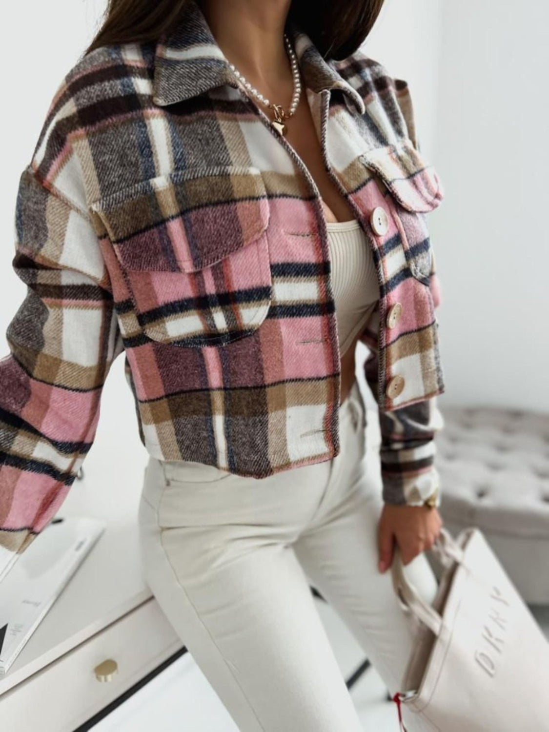 Pocketed Collared Neck Long Sleeve Plaid Jacket-TOPS / DRESSES-[Adult]-[Female]-Pink-S-2022 Online Blue Zone Planet