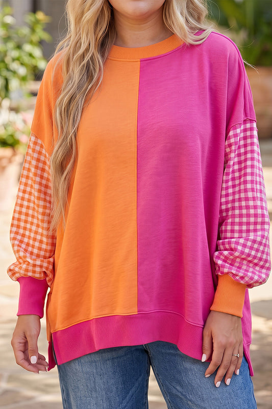 Rose Red Colorblock Patchwork Gingham Sleeve Trendy Plus Size Sweatshirt-Plus Size/Plus Size Sweatshirts & Hoodies-[Adult]-[Female]-Rose Red-1X-2022 Online Blue Zone Planet