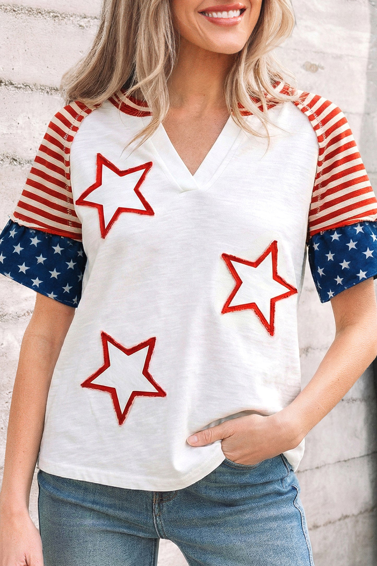 Fiery Red Star Detail Flag Inspired Short Sleeve Top-Tops/Tops & Tees-[Adult]-[Female]-2022 Online Blue Zone Planet