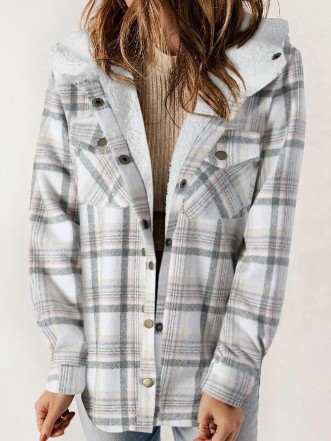 Plaid Snap Down Plush Hooded Jacket-TOPS / DRESSES-[Adult]-[Female]-Light Gray-S-2022 Online Blue Zone Planet