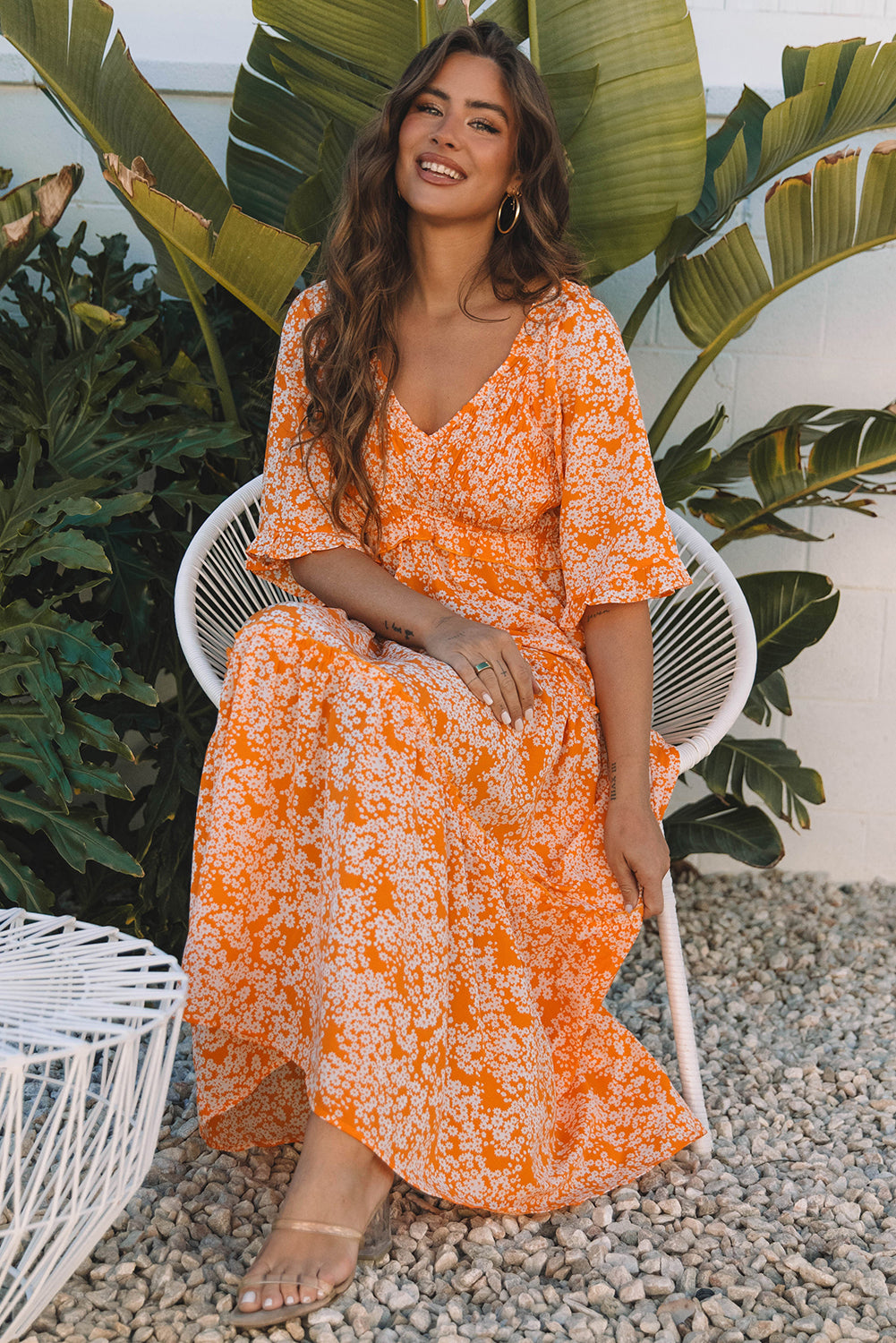 Orange Floral Print Smocked V Neck Wide Sleeve Maxi Dress-Dresses/Floral Dresses-[Adult]-[Female]-2022 Online Blue Zone Planet