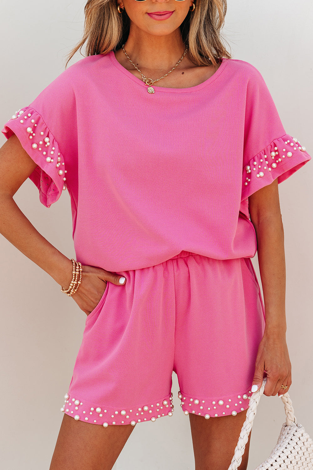 Bright Pink Textured Pearled Ruffle Sleeve Top 2 Piece Shorts Set-Two Piece Sets/Short Sets-[Adult]-[Female]-2022 Online Blue Zone Planet
