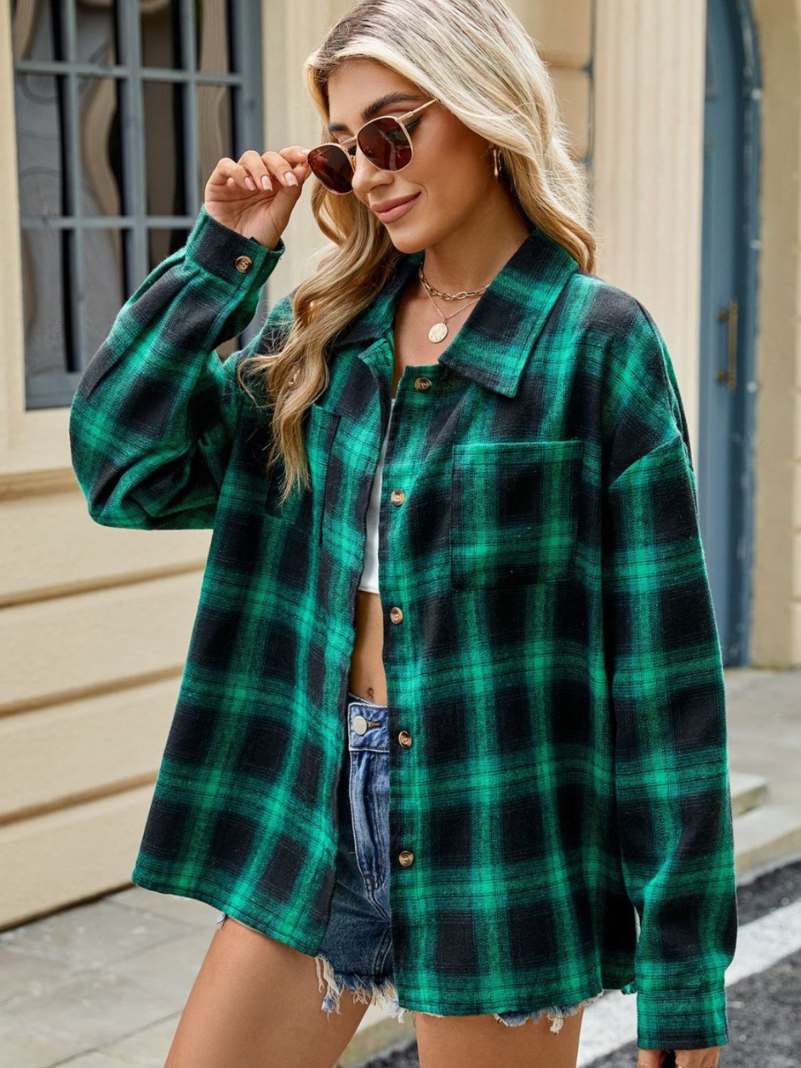 Plaid Collared Neck Long Sleeve Shirt-TOPS / DRESSES-[Adult]-[Female]-2022 Online Blue Zone Planet