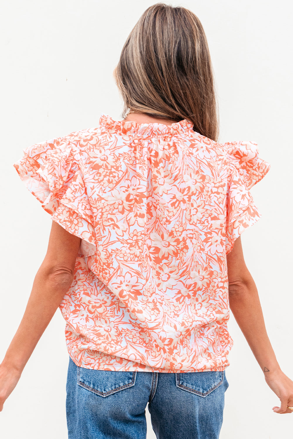 Orange Floral Ruffle Sleeve Split Neck Blouse-Tops/Blouses & Shirts-[Adult]-[Female]-2022 Online Blue Zone Planet