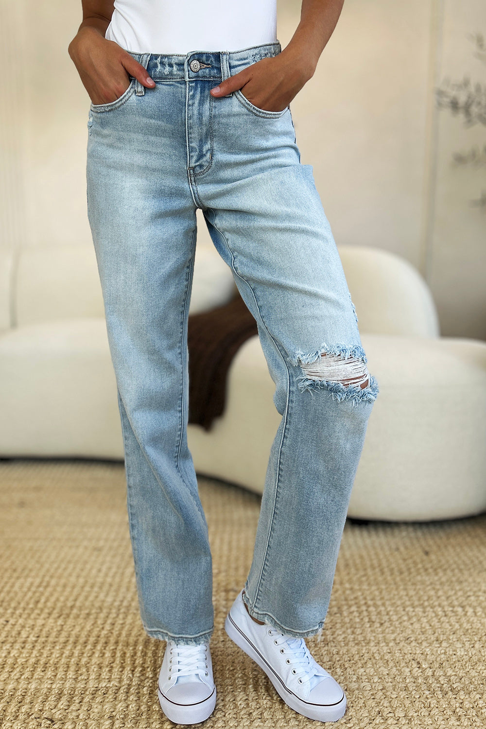 Judy Blue Full Size High Waist Distressed Straight Jeans-BOTTOM SIZES SMALL MEDIUM LARGE-[Adult]-[Female]-2022 Online Blue Zone Planet