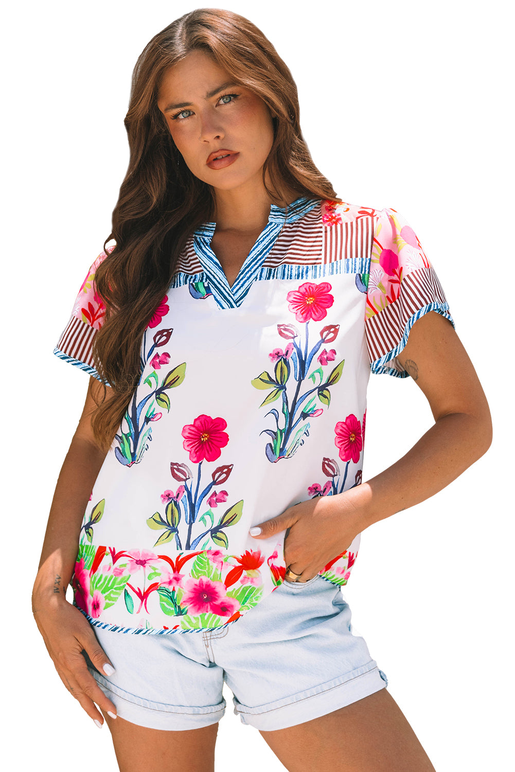 Pink Floral Striped Patchwork Short Sleeve Split Neck Blouse-Tops/Blouses & Shirts-[Adult]-[Female]-2022 Online Blue Zone Planet