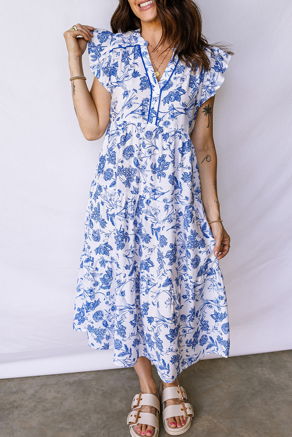Blue Ruffled Short Sleeve Tiered Floral Midi Dress-TOPS / DRESSES-[Adult]-[Female]-2022 Online Blue Zone Planet