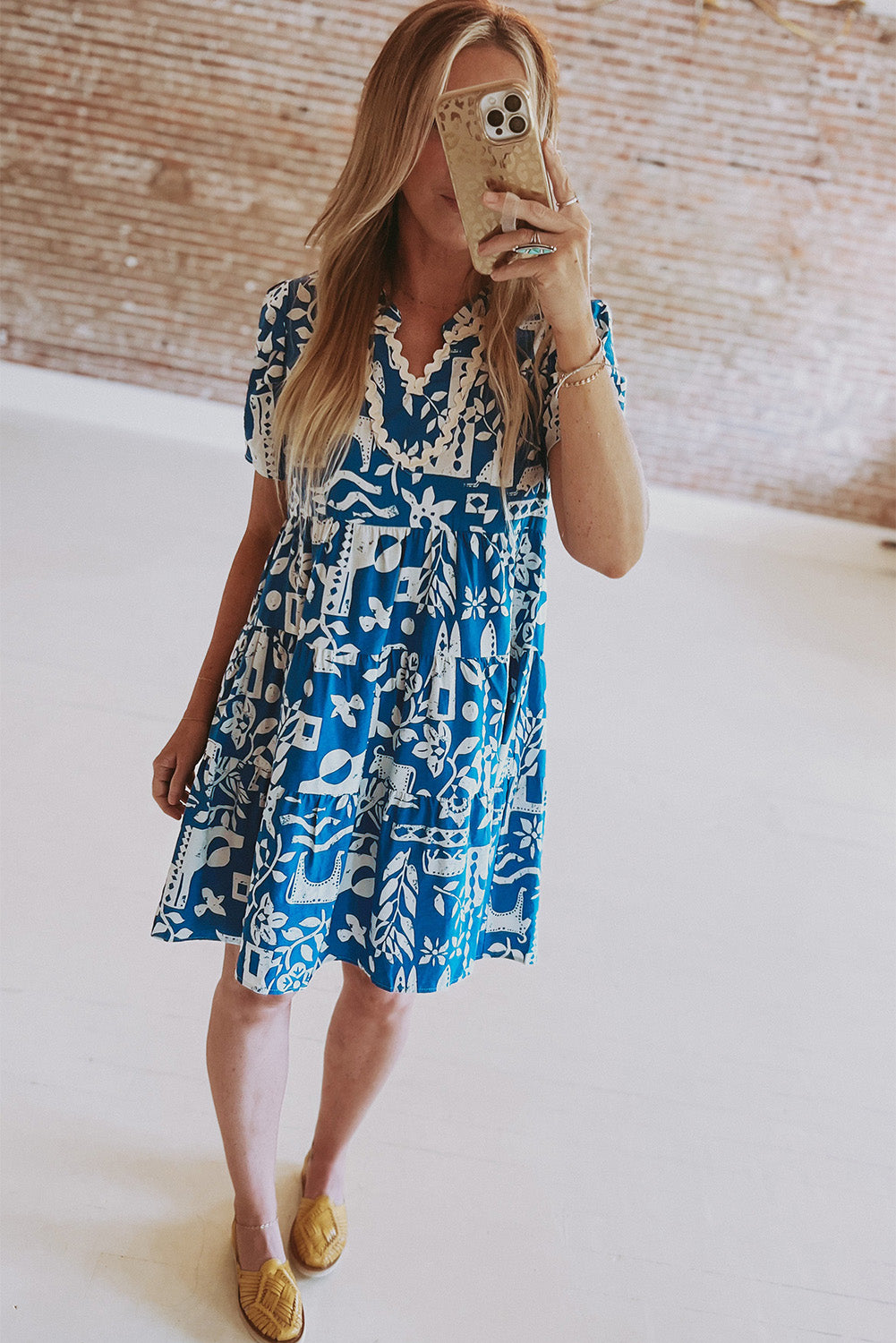 Blue Ricrac Trim Split Neck Floral Loose Dress Blue Zone Planet