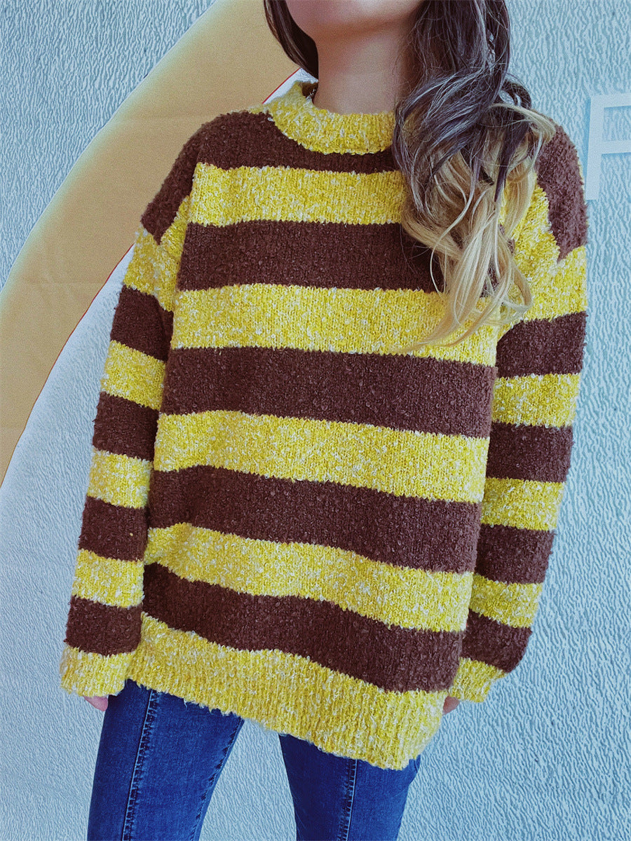 Blue Zone Planet | Striped Round Neck Long Sleeve Sweater-TOPS / DRESSES-[Adult]-[Female]-Light Yellow-One Size-2022 Online Blue Zone Planet