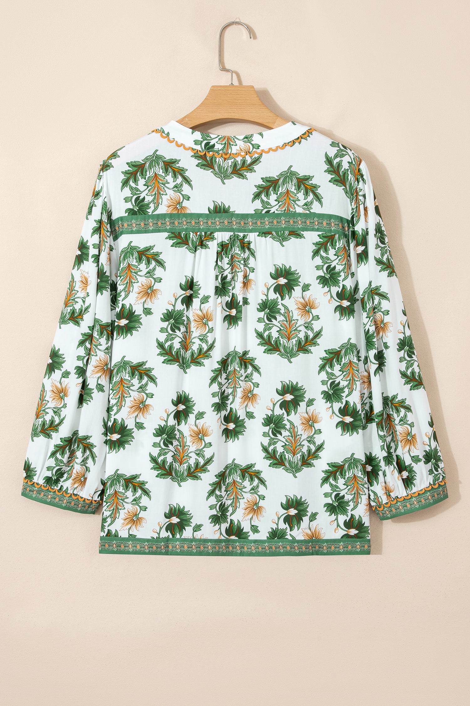 Green Plus Size Floral Printed Contrast Patchwork Detail Tassel Tie 3/4 Sleeve Blouse-Plus Size/Plus Size Tops/Plus Size Blouses & Shirts-[Adult]-[Female]-2022 Online Blue Zone Planet