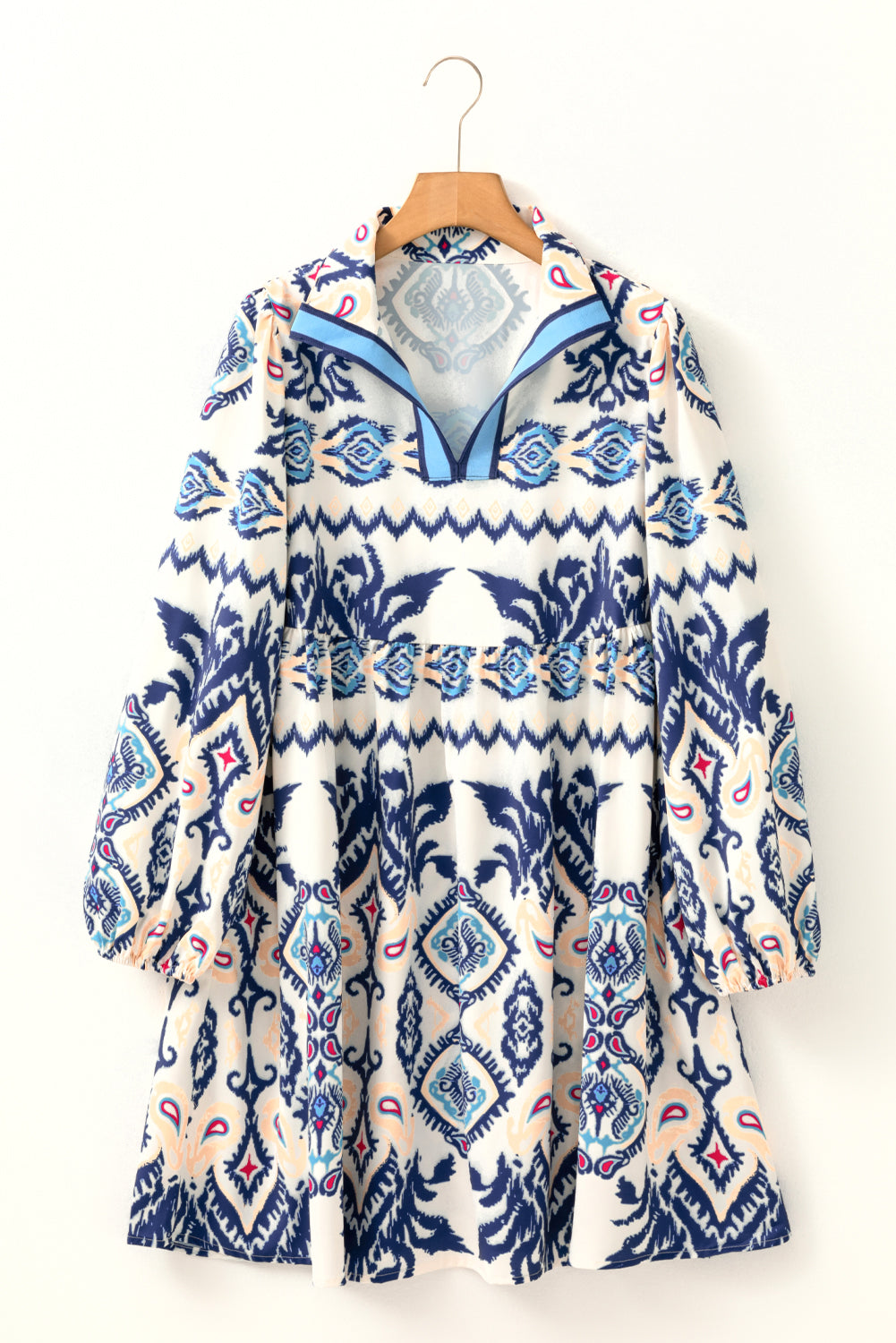 Blue Ethnic Print Striped Split Neck Long Sleeve Flowy Mini Dress-Dresses/Mini Dresses-[Adult]-[Female]-2022 Online Blue Zone Planet