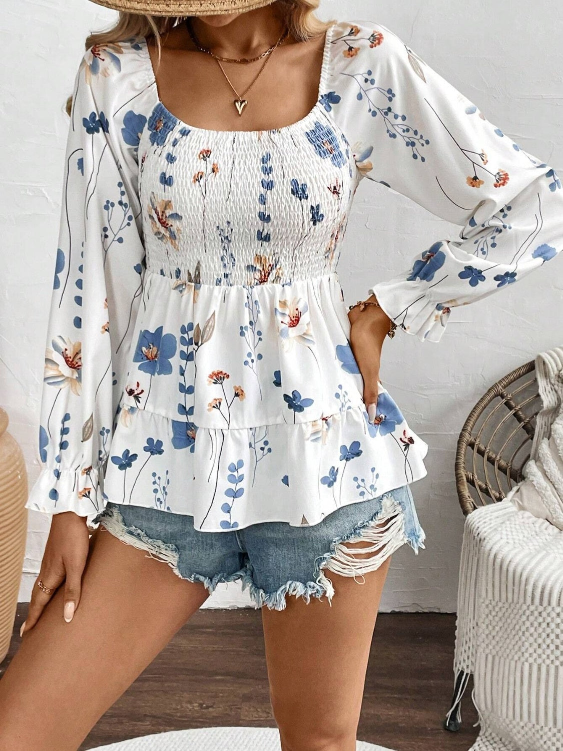 Smocked Floral Scoop Neck Flounce Sleeve Blouse-TOPS / DRESSES-[Adult]-[Female]-2022 Online Blue Zone Planet