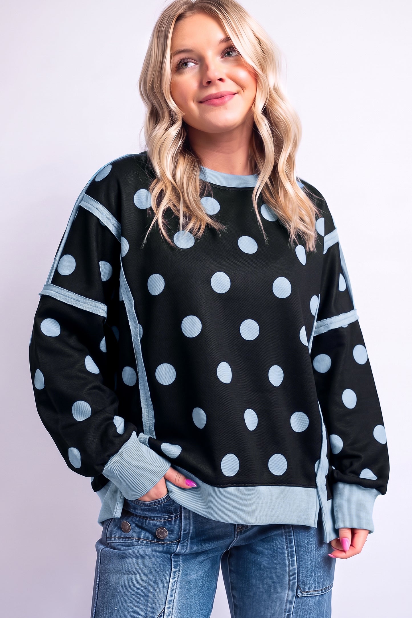 White Polka Dot Contrast Patchwork Round Neck Baggy Sweatshirt-Tops/Sweatshirts & Hoodies-[Adult]-[Female]-2022 Online Blue Zone Planet