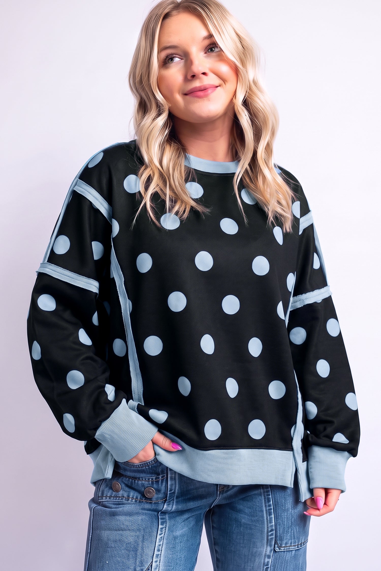 White Polka Dot Contrast Patchwork Round Neck Baggy Sweatshirt-Tops/Sweatshirts & Hoodies-[Adult]-[Female]-2022 Online Blue Zone Planet