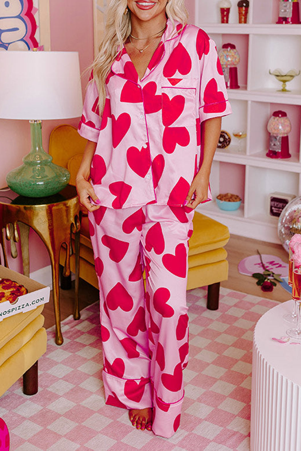 Pink Classic Heart Valentines Short Sleeve Pants Pajamas Set-Loungewear & Sleepwear/Sleepwear-[Adult]-[Female]-Pink-S-2022 Online Blue Zone Planet