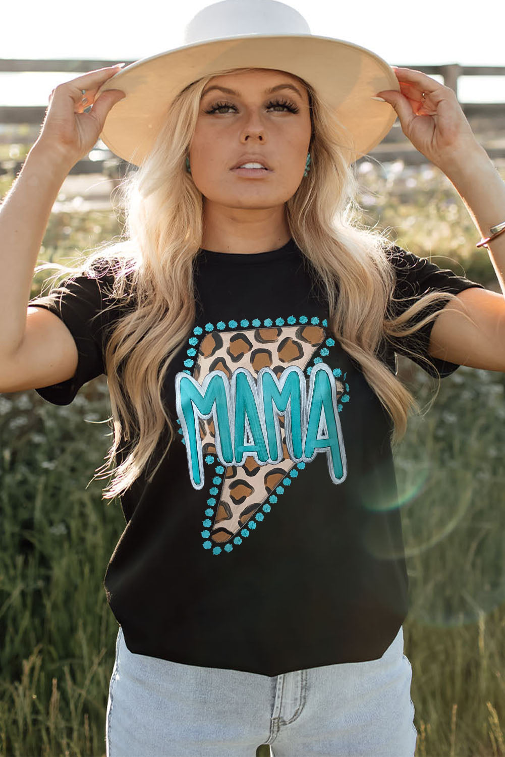 Black Western MAMA Leopard Lightning Graphic Tee-Graphic/Graphic Tees-[Adult]-[Female]-2022 Online Blue Zone Planet