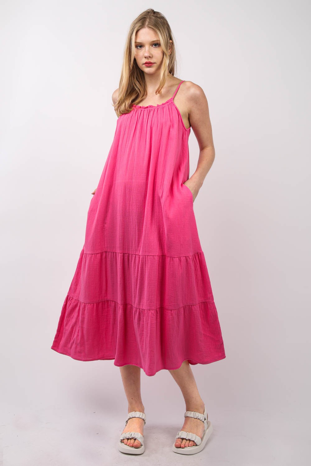 VERY J Ruffled A-Line Midi Cami Dress-TOPS / DRESSES-[Adult]-[Female]-Fuchsia-S-2022 Online Blue Zone Planet