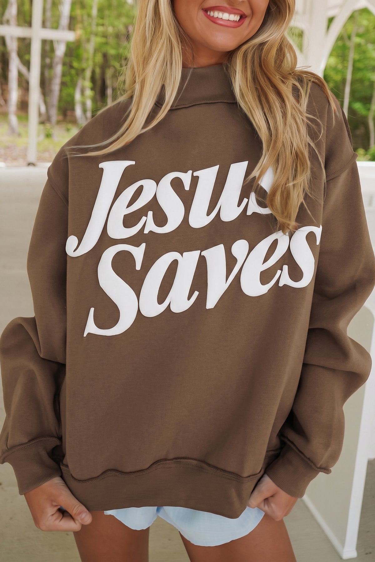 Fiery Red Jesus Saves Slogan Print Stand Neck Baggy Sweatshirt-Tops/Sweatshirts & Hoodies-[Adult]-[Female]-2022 Online Blue Zone Planet