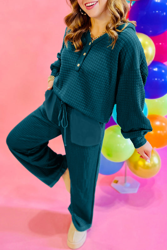 Skobeloff Waffled Textured Raw Edge Patchwork 2pcs Loose Pant Set-Two Piece Sets/Pant Sets-[Adult]-[Female]-Skobeloff-S-2022 Online Blue Zone Planet