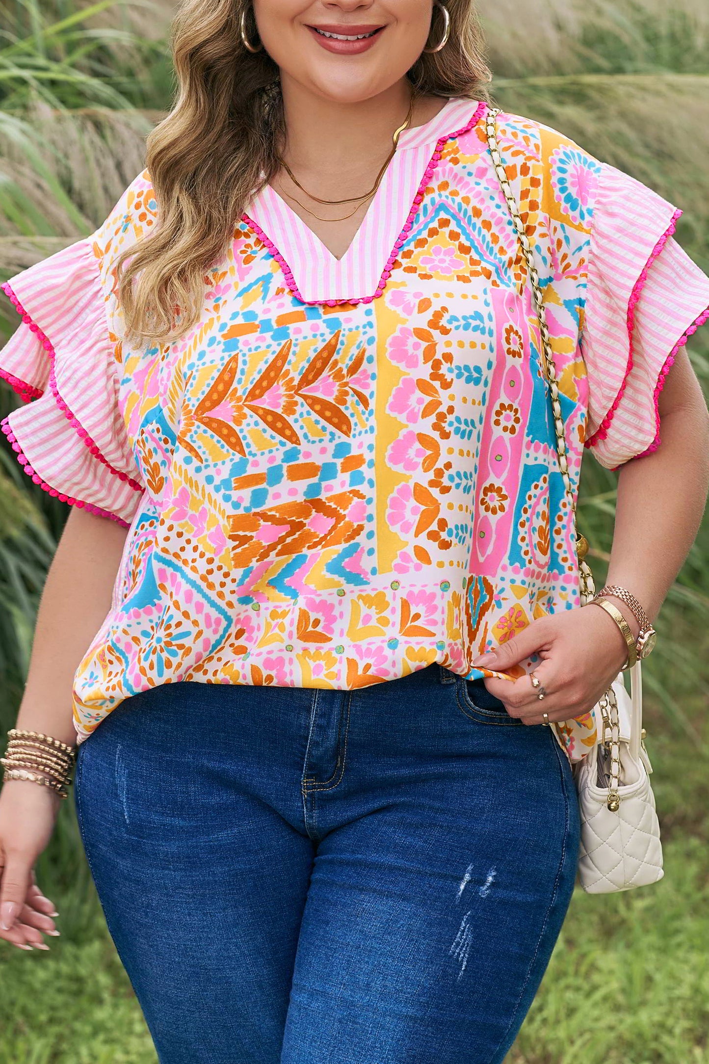 Rose Plus Size Geometric Print Contrast Trim Striped V Neck Blouse-Plus Size/Plus Size Tops/Plus Size Blouses & Shirts-[Adult]-[Female]-2022 Online Blue Zone Planet