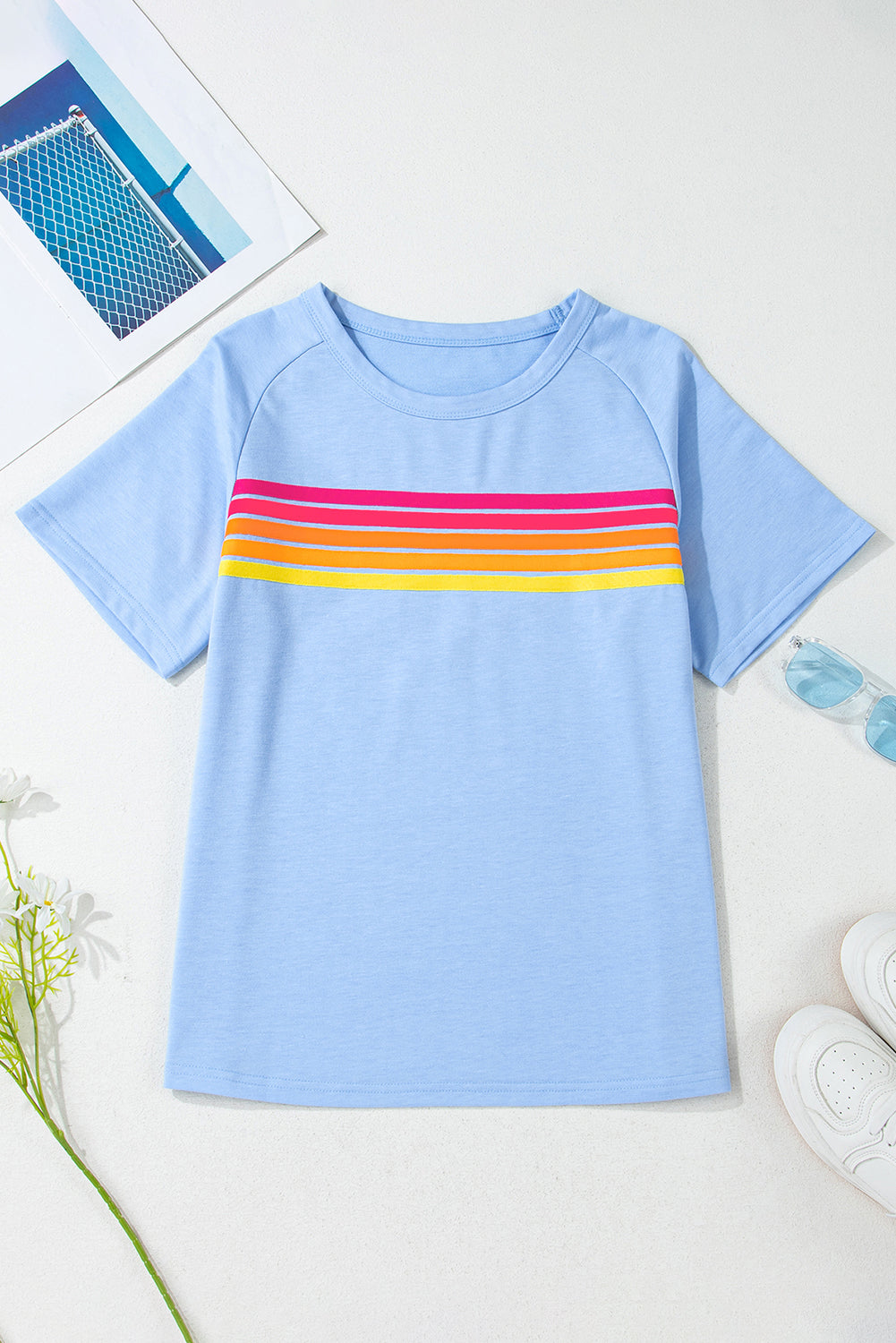 Beau Blue Striped Patch Front Casual Tee-Tops/Tops & Tees-[Adult]-[Female]-2022 Online Blue Zone Planet