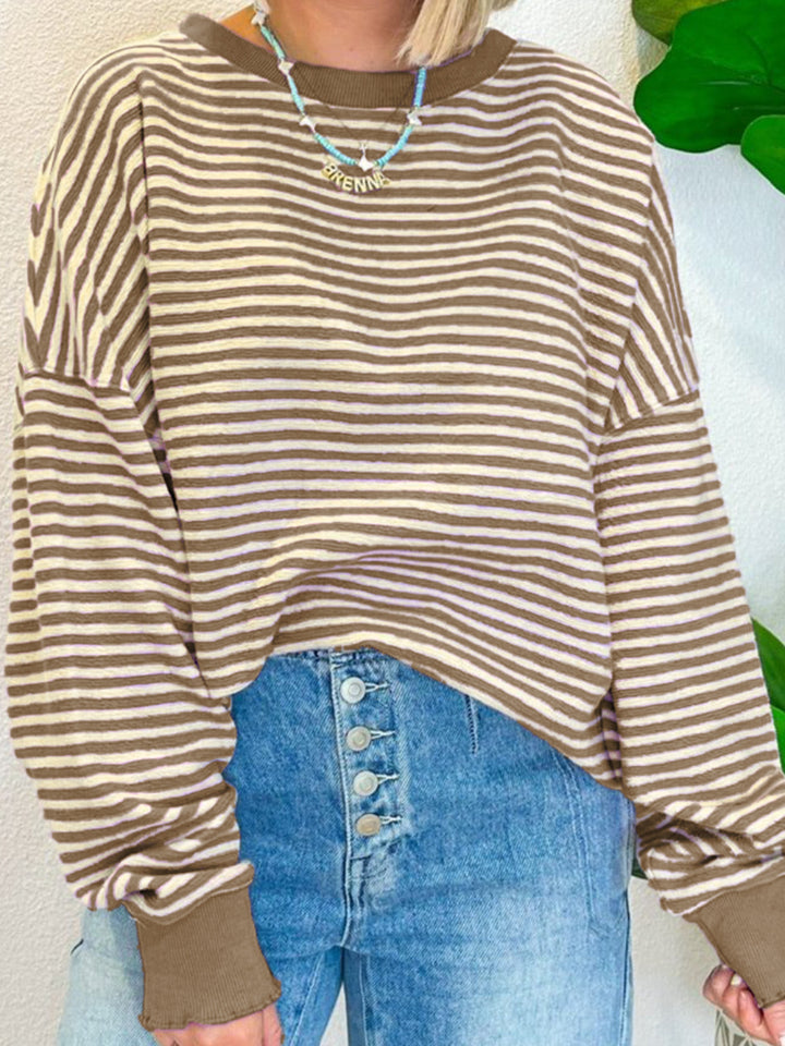 Blue Zone Planet | Striped Round Neck Long Sleeve Sweatshirt-TOPS / DRESSES-[Adult]-[Female]-Taupe-M-2022 Online Blue Zone Planet