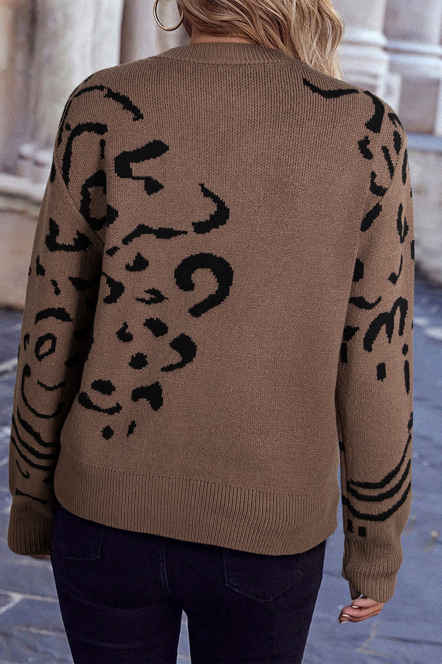 Camel Asymmetric Leopard Print Detail Drop Shoulder Sweater-TOPS / DRESSES-[Adult]-[Female]-2022 Online Blue Zone Planet