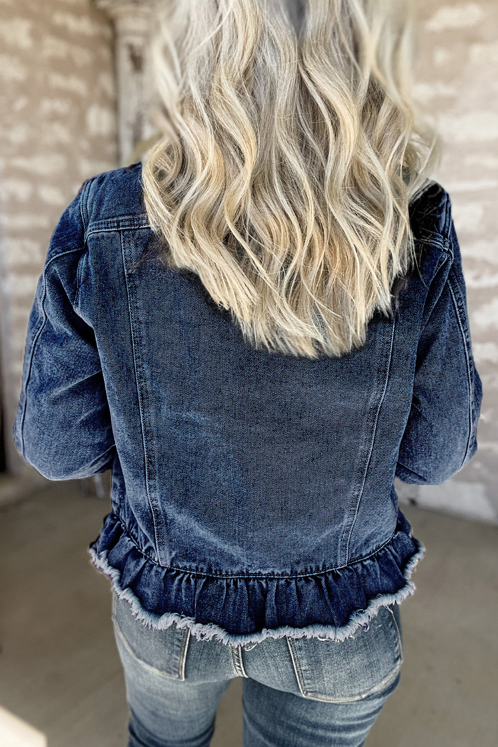 Blue Zone Planet | Navy Blue Ruffle Raw Hem Flap Pockets Denim Jacket-Outerwear/Denim jackets-[Adult]-[Female]-2022 Online Blue Zone Planet