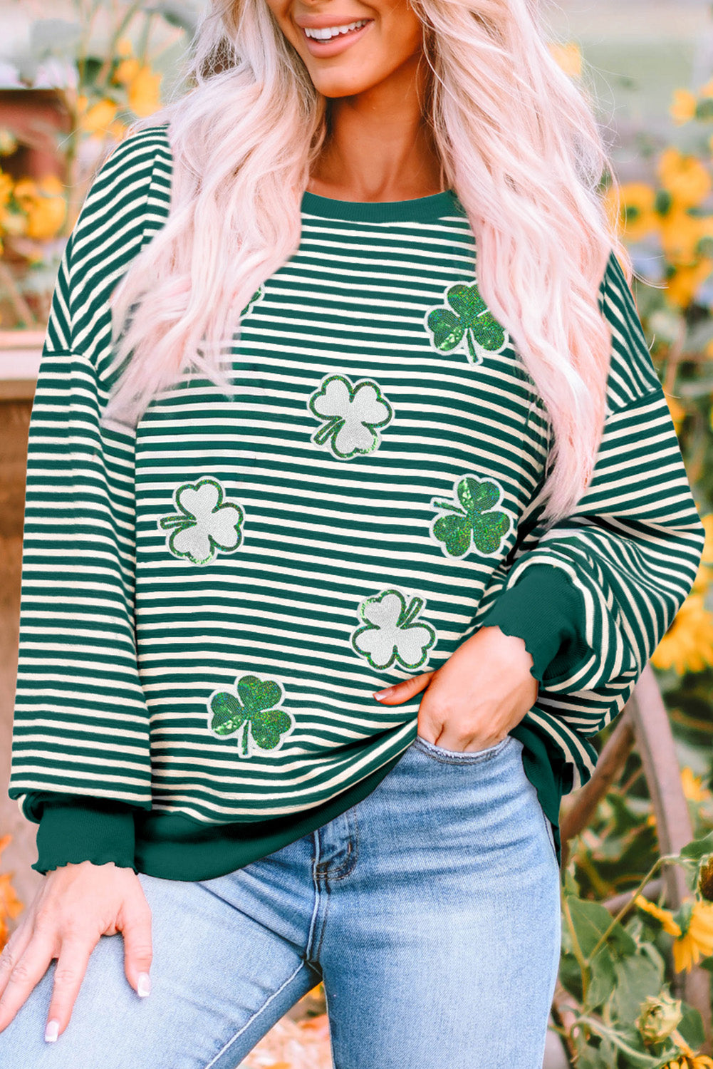 Green Stripe Sequined Clover Drop Shoulder Long Sleeve Casual Top-Graphic/Graphic Long Sleeve Tees-[Adult]-[Female]-Green Stripe-S-2022 Online Blue Zone Planet