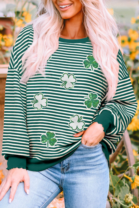 Green Stripe Sequined Clover Drop Shoulder Long Sleeve Casual Top-Graphic/Graphic Long Sleeve Tees-[Adult]-[Female]-Green Stripe-S-2022 Online Blue Zone Planet