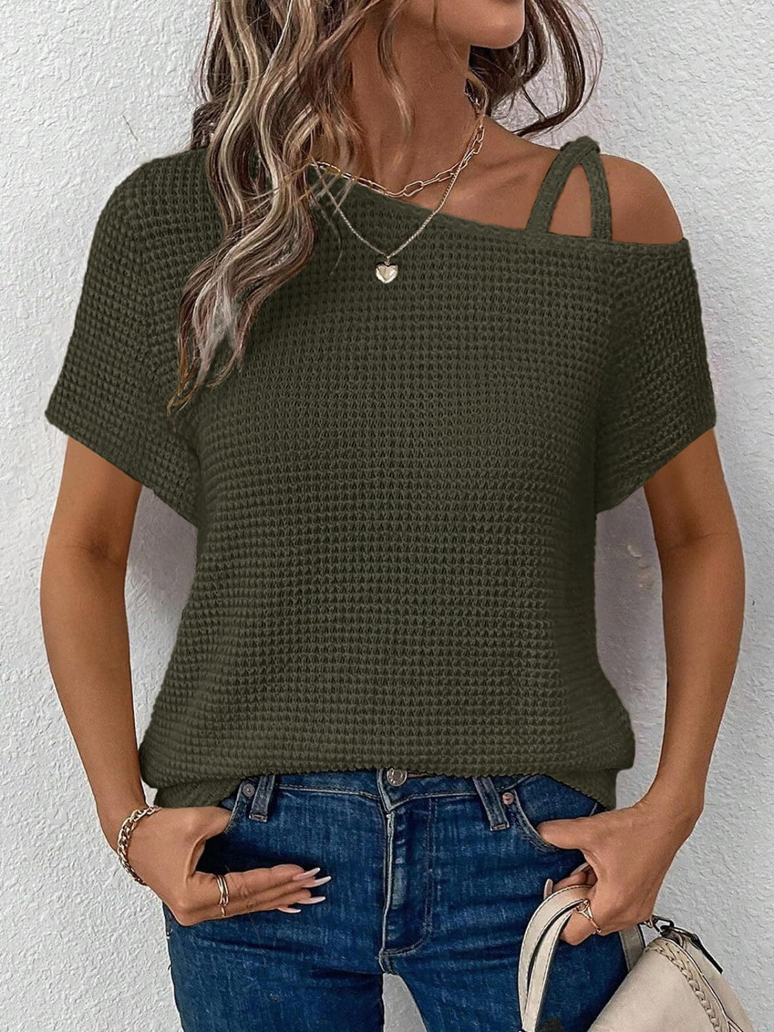 Asymmetrical Neck Short Sleeve T-Shirt-TOPS / DRESSES-[Adult]-[Female]-Army Green-S-2022 Online Blue Zone Planet