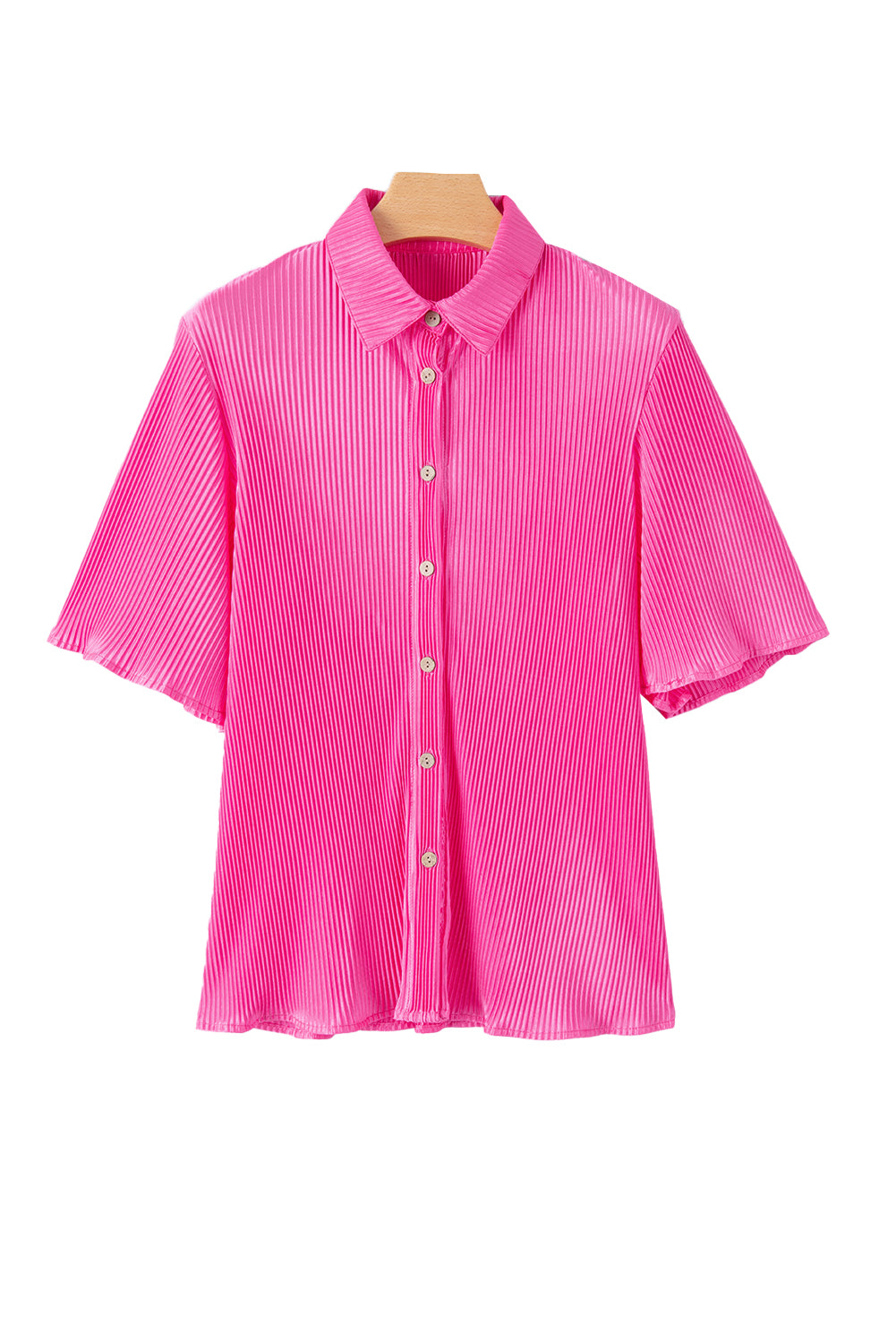 Blue Zone Planet |  Bright Pink Satin Pleated Short Sleeve Shirt Blue Zone Planet