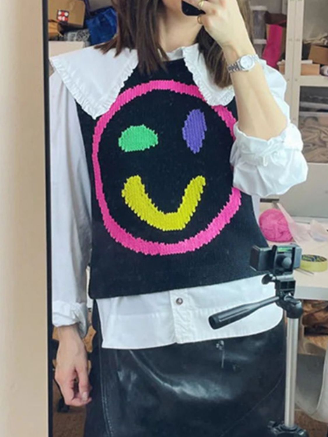 Smiley Round Neck Sweater Vest-TOPS / DRESSES-[Adult]-[Female]-Styl A-S-2022 Online Blue Zone Planet