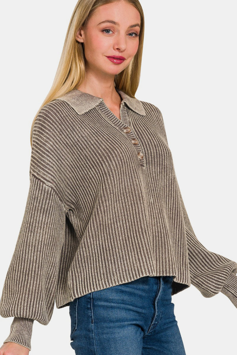 Zenana Washed Half Button Long Sleeve Sweater-TOPS / DRESSES-[Adult]-[Female]-2022 Online Blue Zone Planet