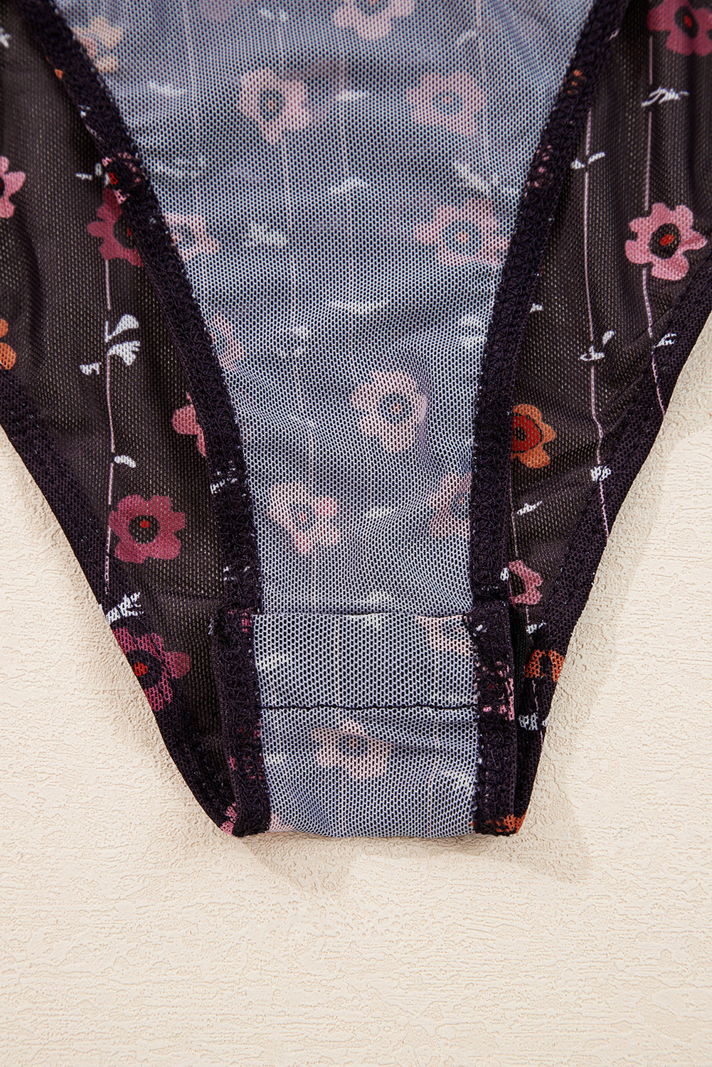 Black Floral Print Smocked Cuff Slim Fit Mesh Bodysuit-Bottoms/Jumpsuits & Rompers-[Adult]-[Female]-2022 Online Blue Zone Planet