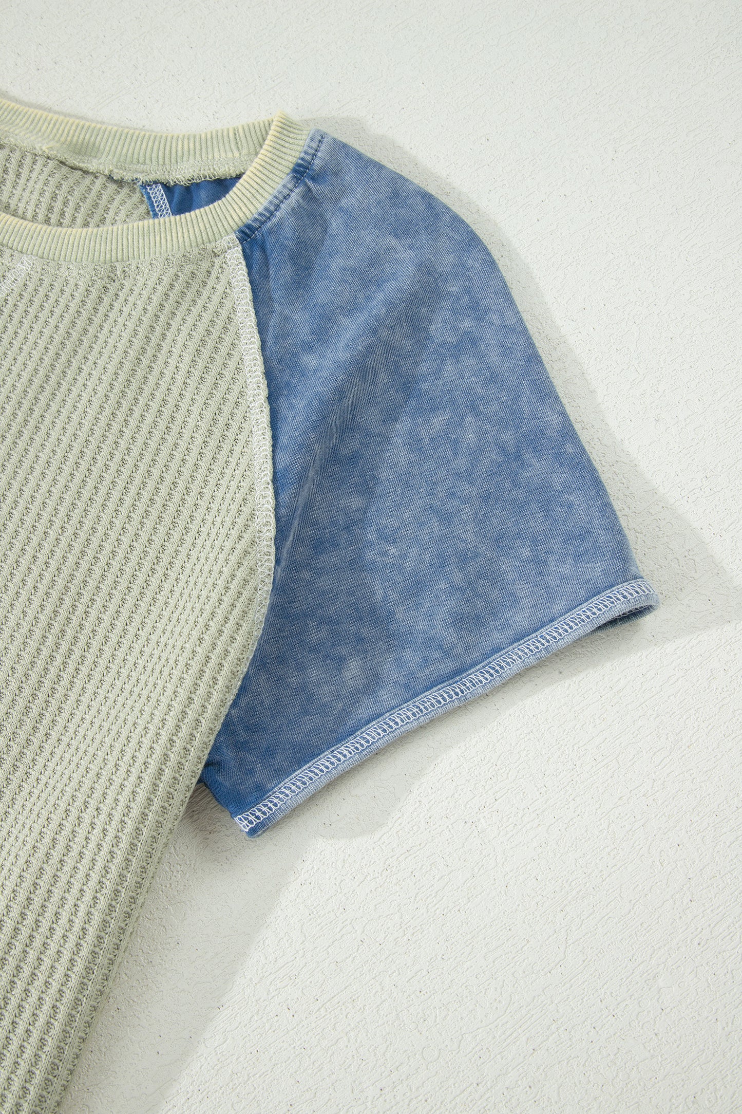 Carbon Grey Waffle Knit Seam Detail Color Block Patchwork Short Sleeve Top-Tops/Tops & Tees-[Adult]-[Female]-2022 Online Blue Zone Planet