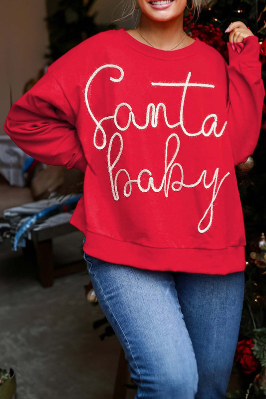 Blue Zone Planet | Fiery Red Tinsel Santa Baby Plus Size Christmas Sweatshirt-Plus Size Tops-[Adult]-[Female]-Fiery Red-1X-2022 Online Blue Zone Planet