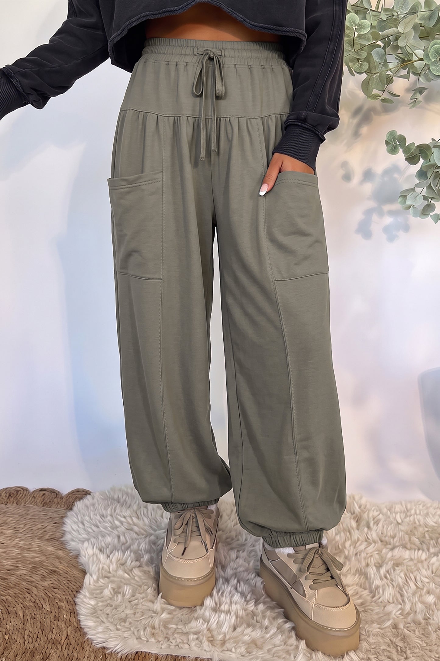 Seagrass Elastic Waist Drawstring Wide Leg Full Length Pants-Bottoms/Pants & Culotte-[Adult]-[Female]-2022 Online Blue Zone Planet