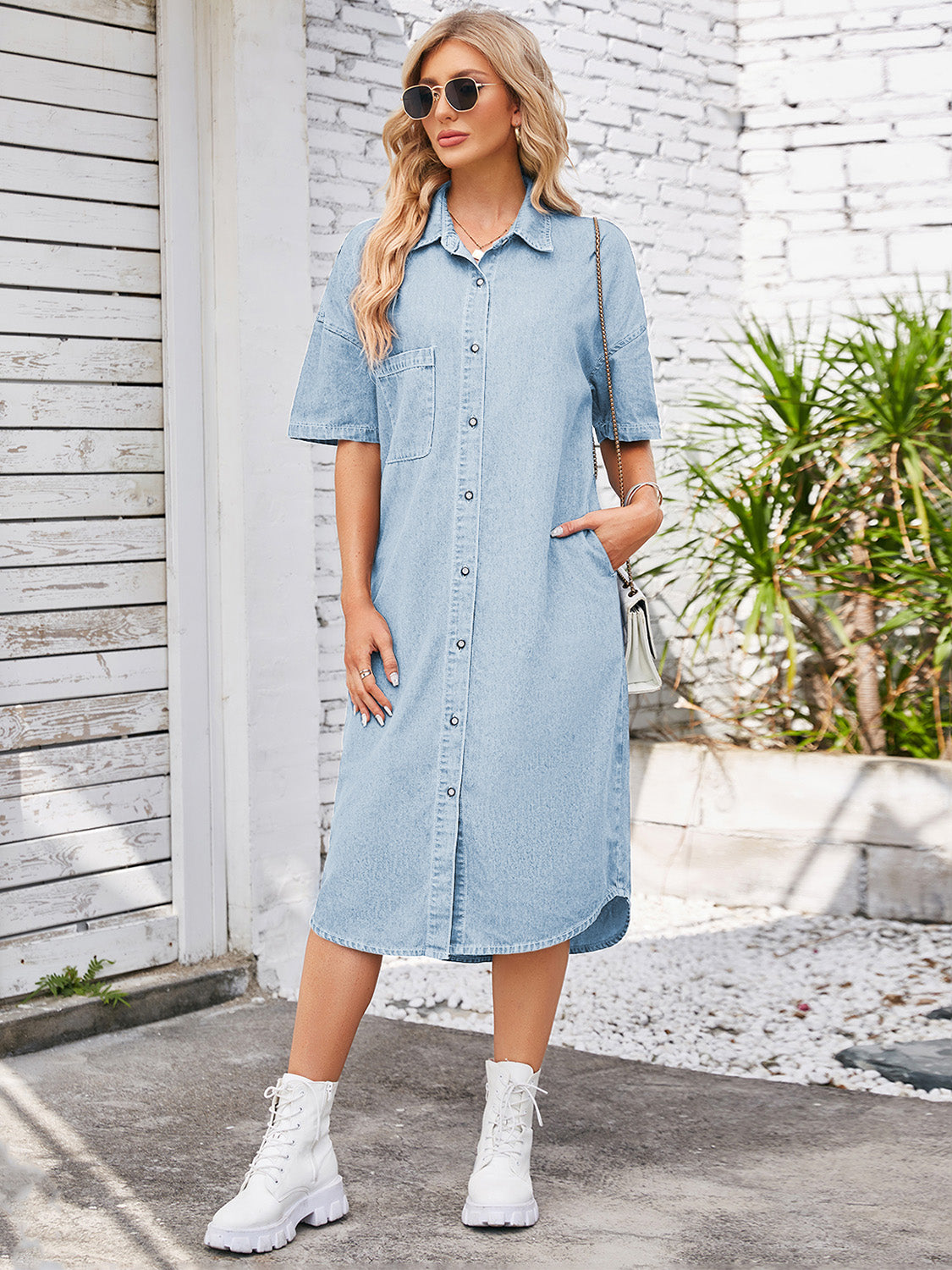 Button Down Half Sleeve Denim Dress-TOPS / DRESSES-[Adult]-[Female]-Light-S-2022 Online Blue Zone Planet