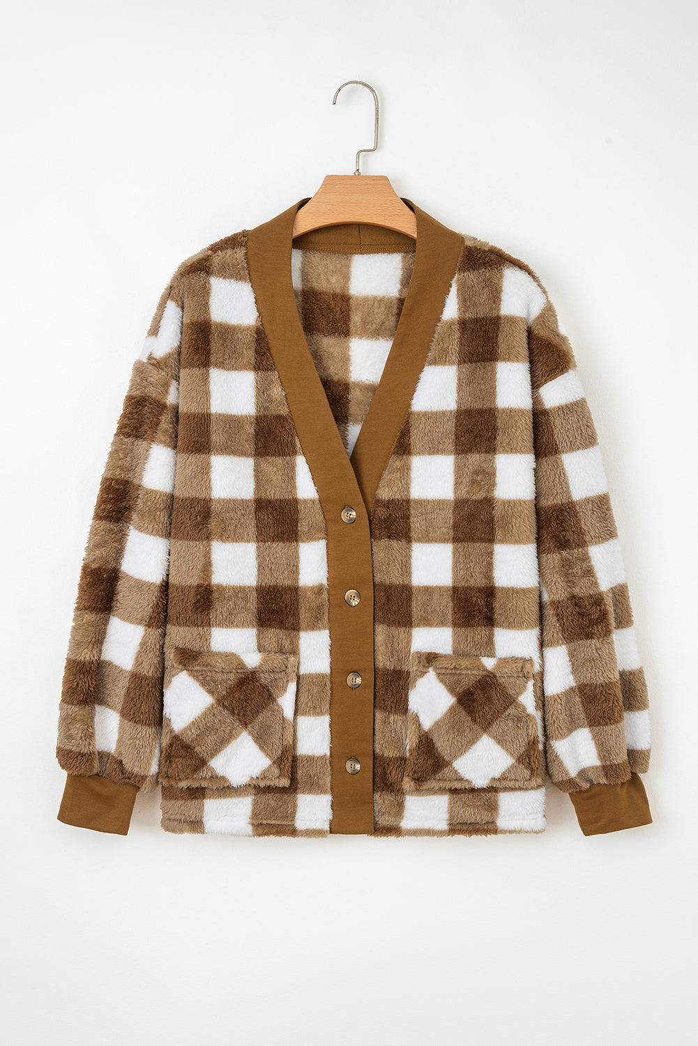 Brown Checkered Sherpa Loose Knit Cardigan With Pockets-Sweaters & Cardigans/Cardigans-[Adult]-[Female]-2022 Online Blue Zone Planet